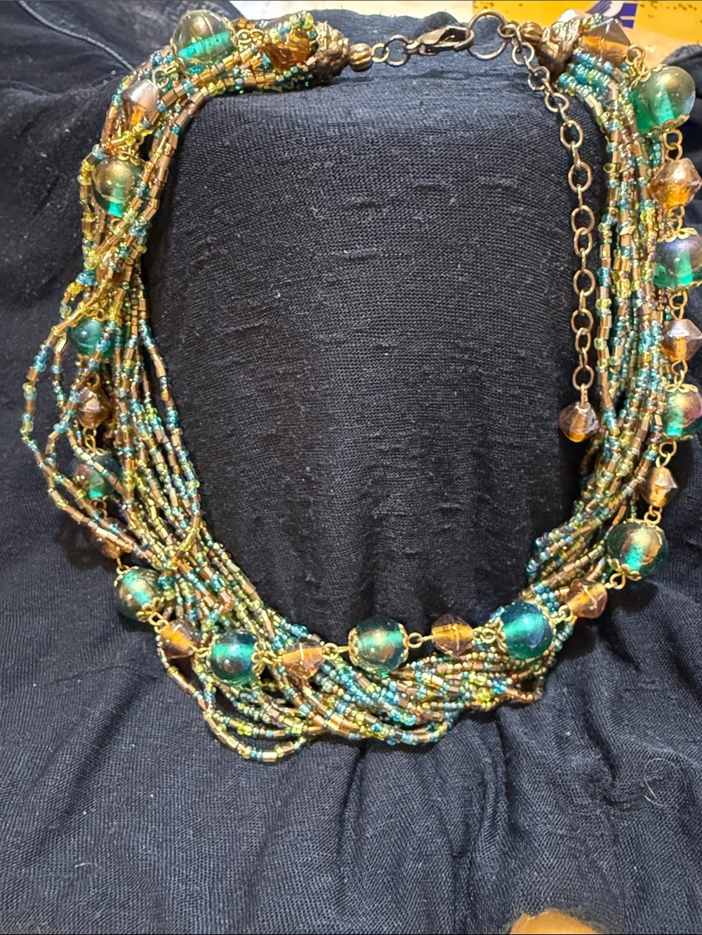 Handcrafted Multistrand Green & Gold Beaded Necklace